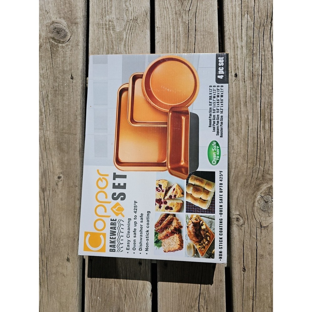 Brand New 4 Pc Copper Bakeware Set Dishwasher Safe Round Square Loaf Roster Pan